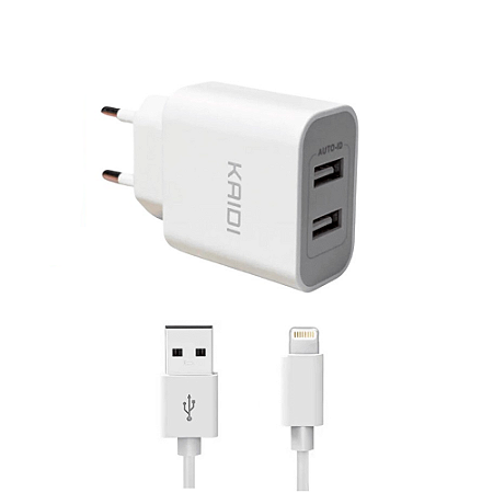 Carregador de Tomada Completo 2 Saídas USB 2.4A 12W com Cabo USB x Lightning 1.2m KD-109A - Kaidi
