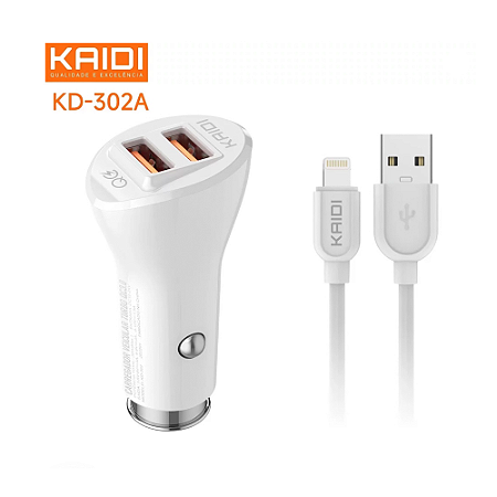 Carregador Veicular 36W Turbo 3.0 com 2 Entradas USB + Cabo Lightning 1m KD302A - Kaidi