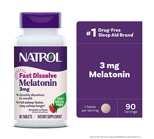 Natrol Sleep Melatonin Fast Dissolve Tablets, Strawberry Flavor, 3mg, 90 Count