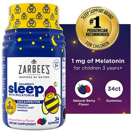 Zarbee’s Kids Sleep 1mg Melatonin Gummies, Non-Habit Forming, Berry, 34 gomas