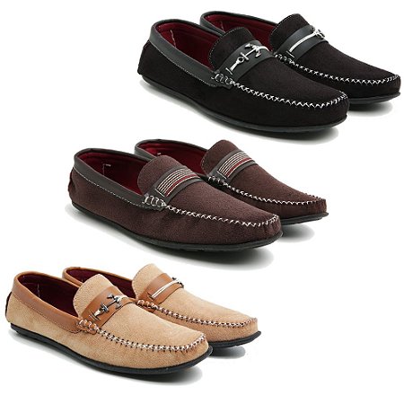 Kit 3 pares Mocassim Masculino em Camurça Conforto Promoção