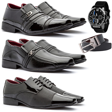 Kit 3 Pares De Sapato Social Confort Masculino Recortes Modernos + Cinto e Relógio de Brinde