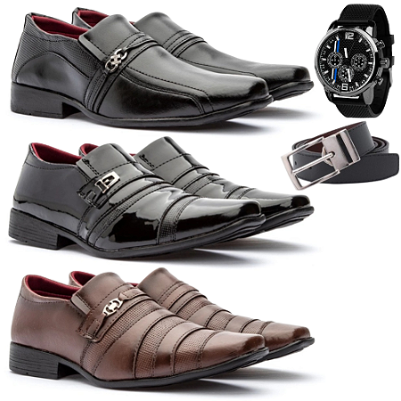 Kit 3 Pares De Sapato Social Confort Masculino Recortes Modernos + Cinto e Relógio de Brinde