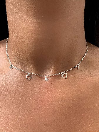 Choker de prata 3 corações maciços e 2 grandes vazados