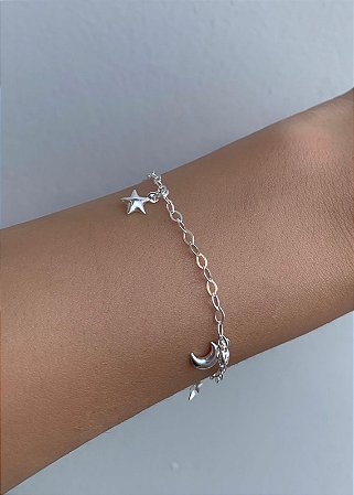 Pulseira de prata estrelas e luas