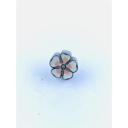 Berloque de aço passante flor resinada branca e rosa claro