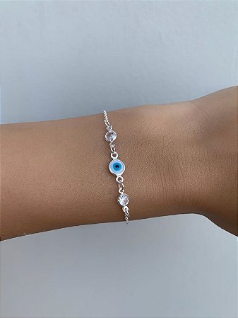 Pulseira de prata elo cadeado com 2 zircônias e olho grego