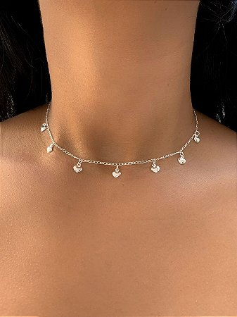Colar de prata choker mini corações lisos