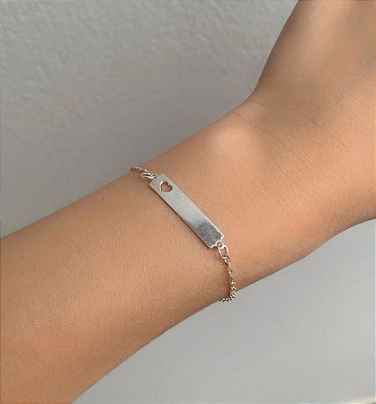 Pulseira de prata infantil placa e coração