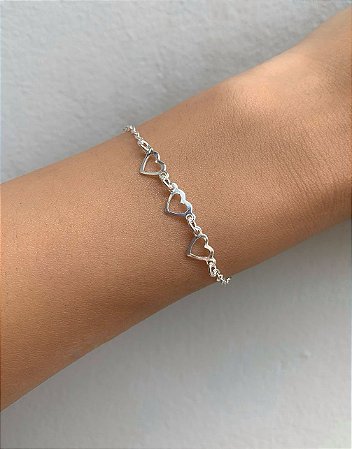 Pulseira de prata 3 corações vazados