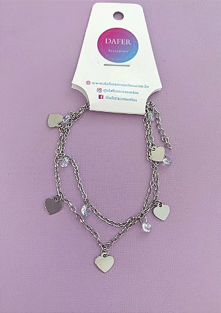 Pulseira de aço dupla zircônias e corações