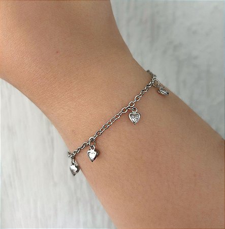 Pulseira de aço mini corações cristal