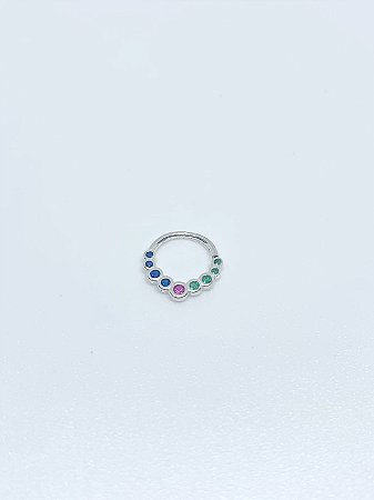 Piercing de prata aro frente zircônias azuis, rosa e verde