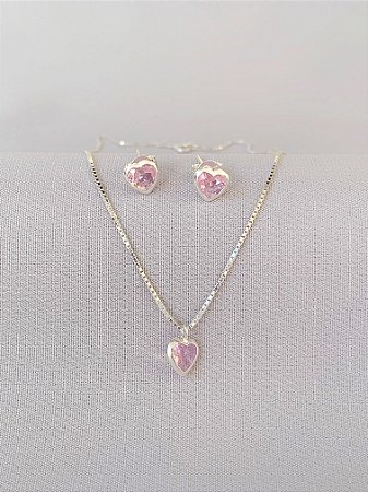 Conjunto de prata coração rosa claro
