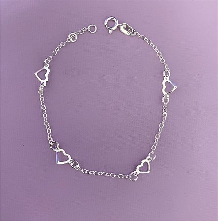 Pulseira de prata 4 corações vazados