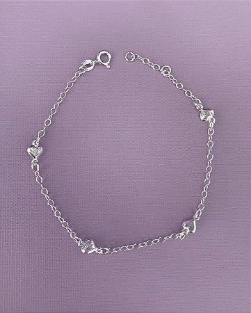 Pulseira de prata 4 corações cristal entremeio