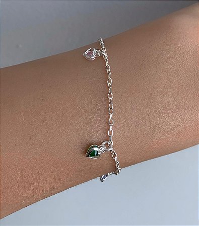 Pulseira de prata corações coloridos