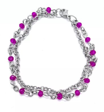 Pulseira de aço dupla bolinhas roxas