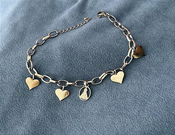 Pulseira de aço corações e nossa senhora aparecida
