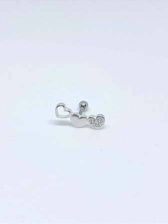 Piercing de prata trio de corações vazado, liso e cravejado – lado direito