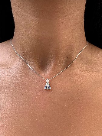 Colar de prata nossa senhora aparecida zircônias azuis M