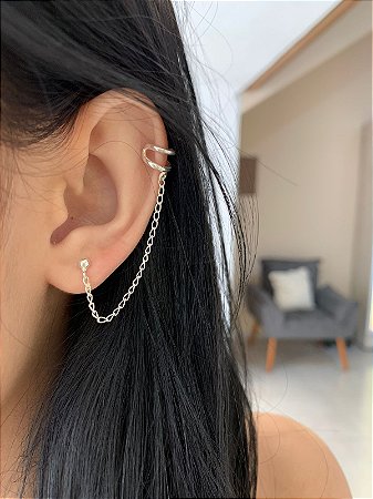 Brinco de prata corrente com piercing fake de prata