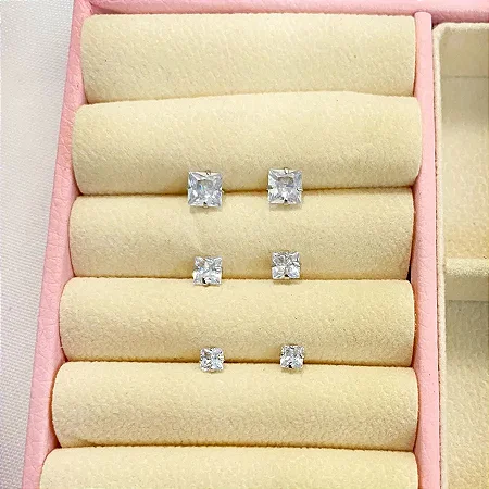Trio de brincos de aço quadrados de zircônia