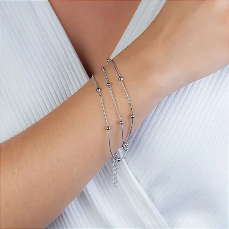 Pulseira de aço tripla rabo de rato com bolinhas