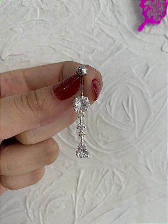 Piercing de prata umbigo ponto de luz com gota pendurada