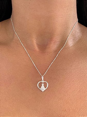 Colar de prata nossa senhora aparecida com coração