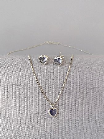 Conjunto de prata coração lilás com borda