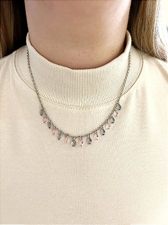Colar de aço zircônias gota rosa e lilás