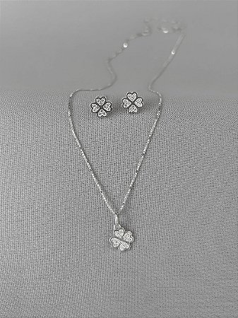Conjunto de prata trevo cravejado