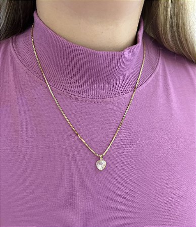 Colar dourado ponto de luz coração zircônia