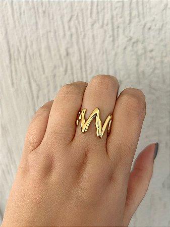 Anel de aço zig zag orgânico dourado