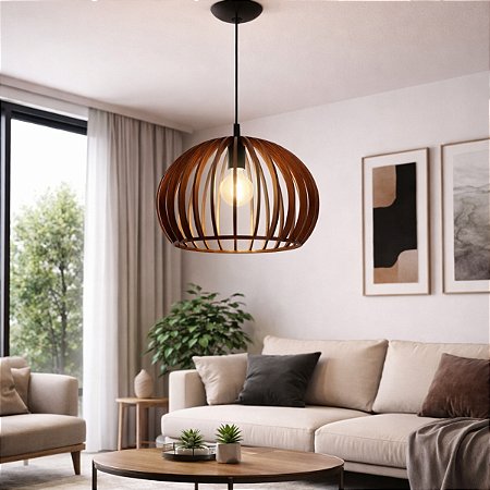 Lustre Pendente Gaiola Luminária Grande Sala Jantar Madeira