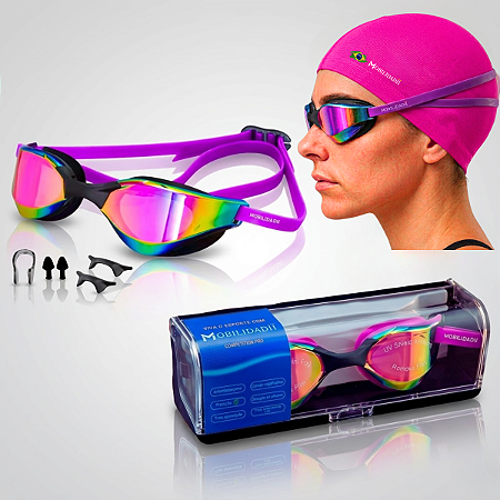 Kit Óculos Natação Espelhado Profissional + Touca Tecido Pink Uv