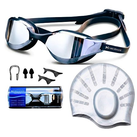 Óculos de Natação Profissional Espelhado Prata + Touca Silicone impermeavel Mobilidadii