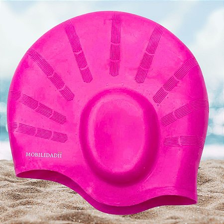 Touca de natação em silicone premium Pink cobre orelha adulto impermeável Mobilidadii