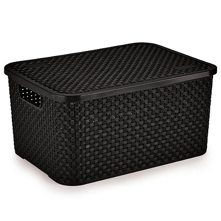 Cesto Organizador Rattan Preto Grande com Tampa Nitron 069/P