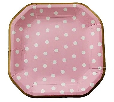 Prato de Papel Poá Rosa com Borda Dourada 8 Un.