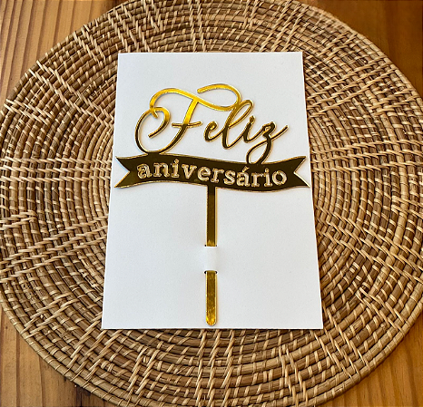 Topo de Bolo Feliz Aniversário  Dourado