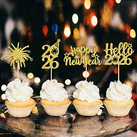 Topper Ano Novo Glitter 8 pçs