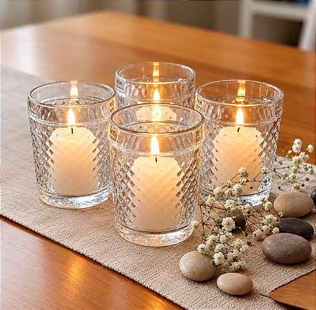 4 Porta Velas Vidro + 4 Vela 10 horas kit para mesa