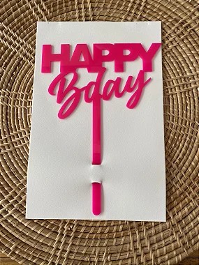 Topo de Bolo Happy Bday Pink Neon