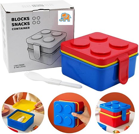 Marmitinha Lancheira Blocos Infantil divisorias + Conjunto Talher Infantil Garfo Colher Bloco De Montar