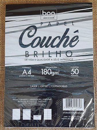 Papel couchê brilho - A4 - 180g/m2 - 50 folhas - Baag