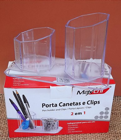 Porta canetas e clips 2 em 1 - cristal - em acrílico - Maxcril