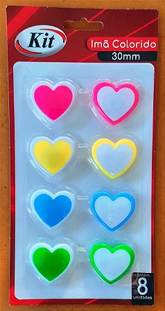 Imã colorido 30mm - coração - Cartela com 8 unidades - Kit