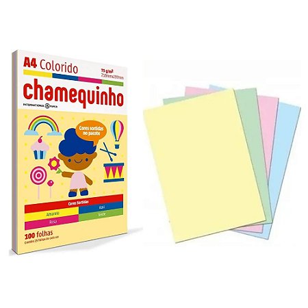 Papel A4 - colorido - 75g/m2 - 100 folhas - Pacote com 4 cores - Chamequinho